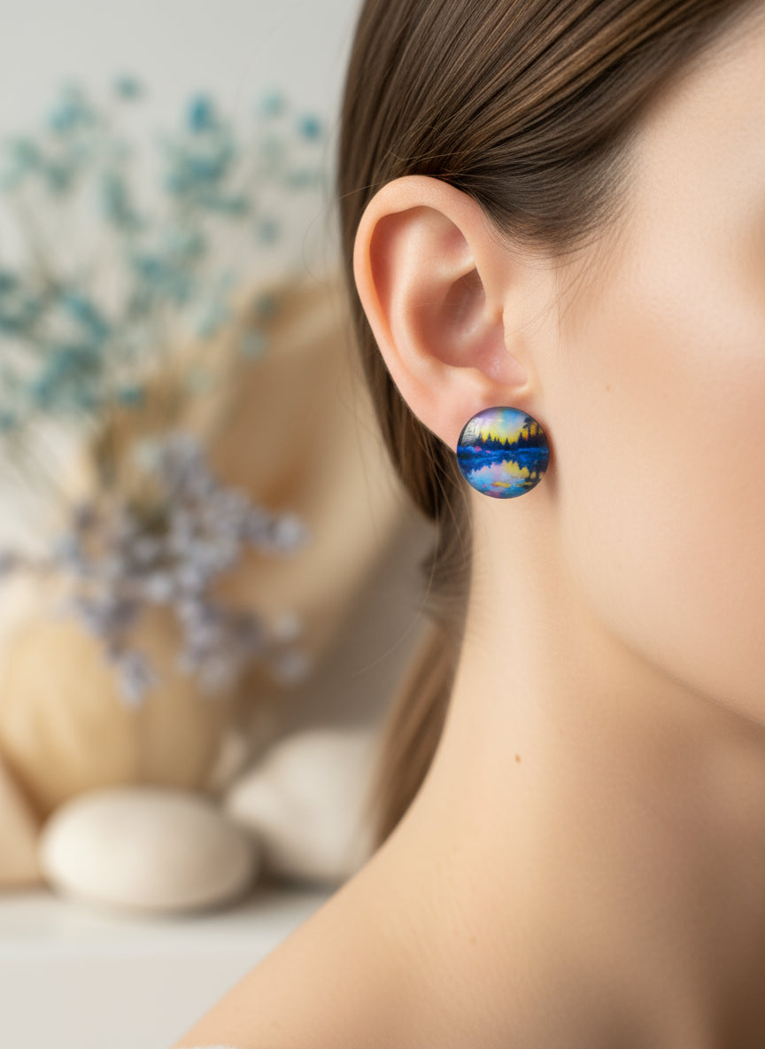 Cabochon Earring with Landscape and Town