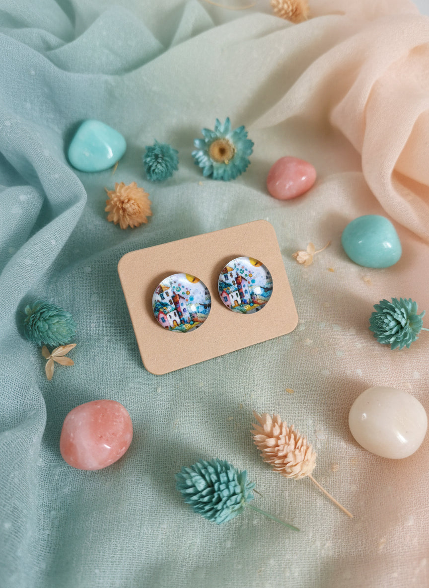 Cabochon Earring with Landscape and Town