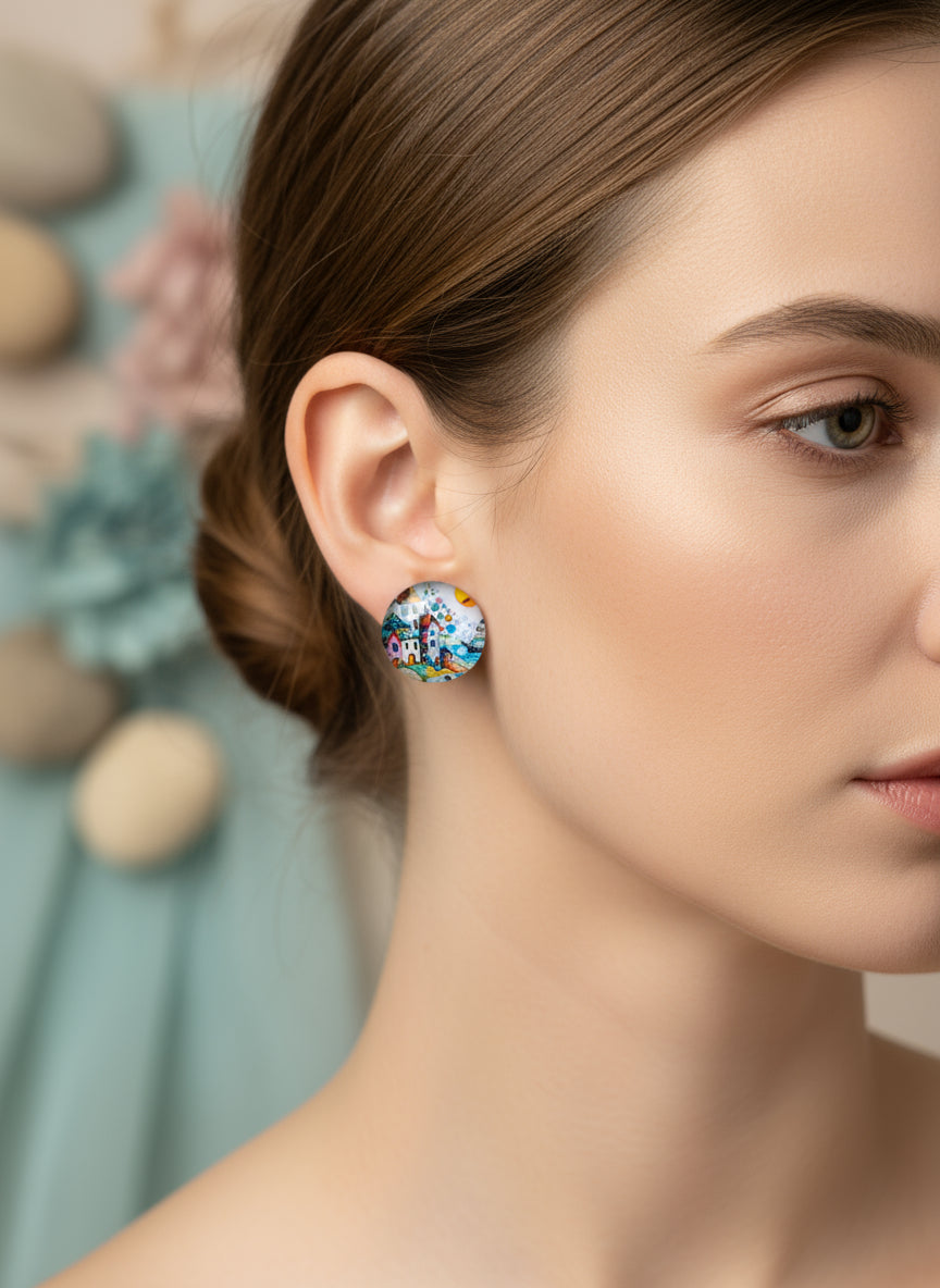Cabochon Earring with Landscape and Town