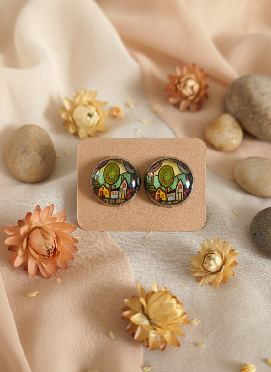 Cabochon Earring with Landscape and Town
