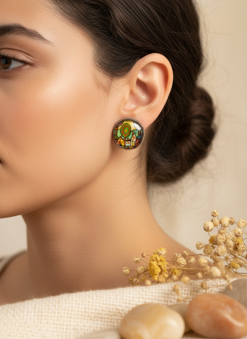 Cabochon Earring with Landscape and Town