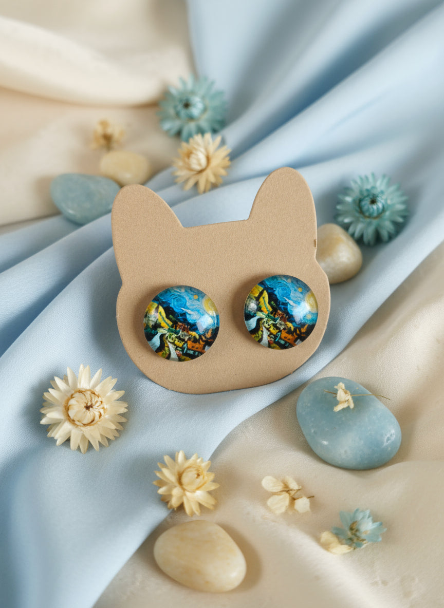 Cabochon Earring with Landscape and Town
