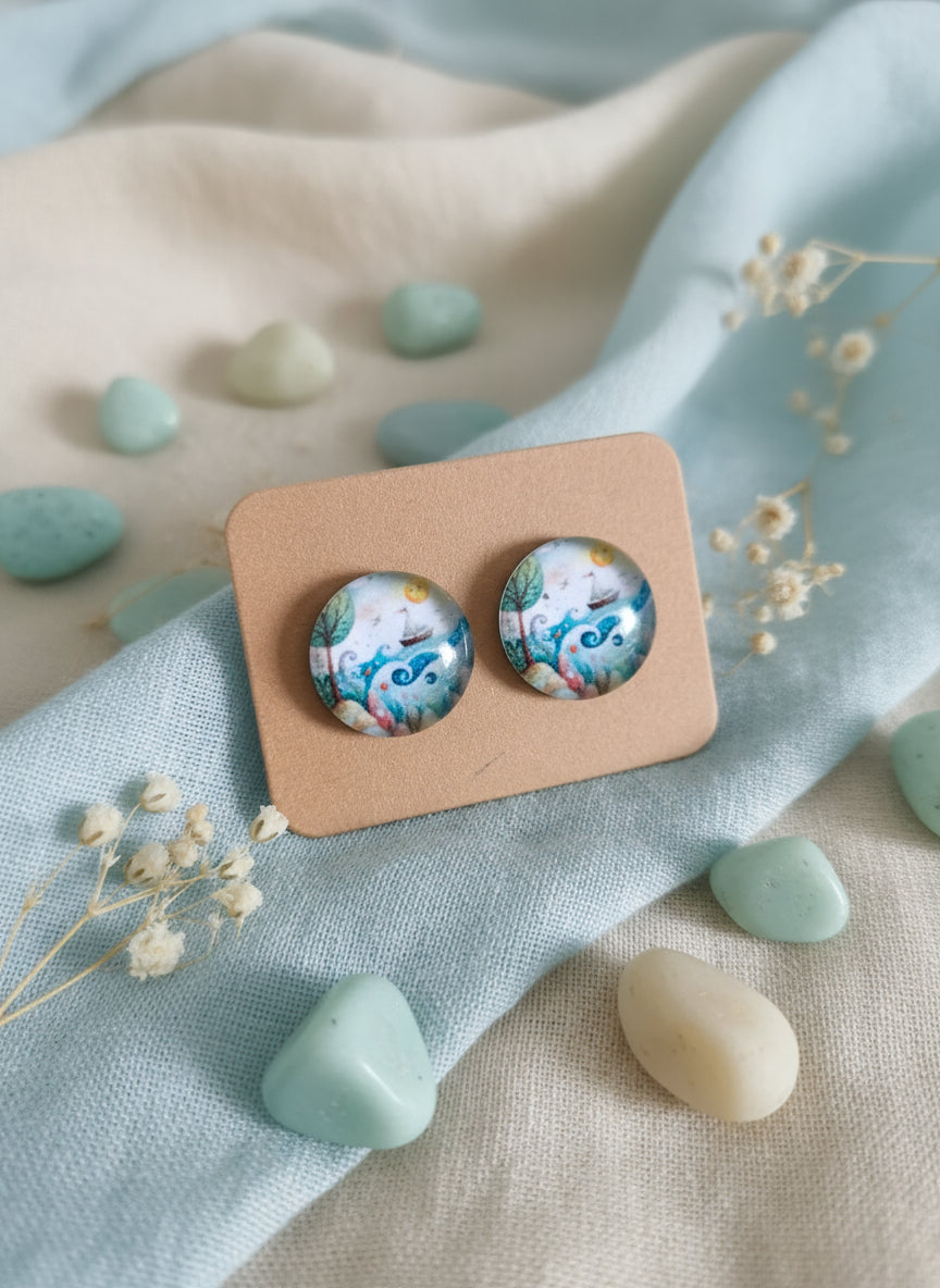Cabochon Earring with Landscape and Town
