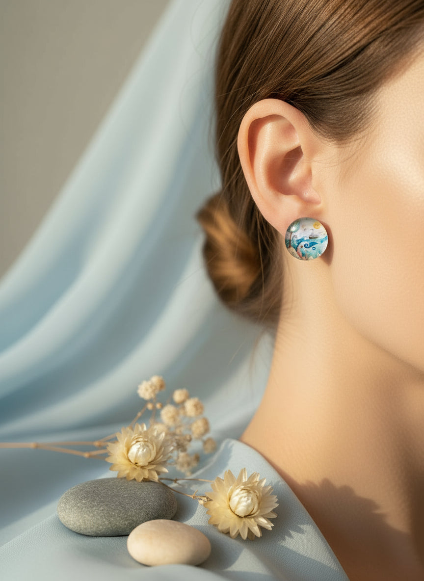 Cabochon Earring with Landscape and Town