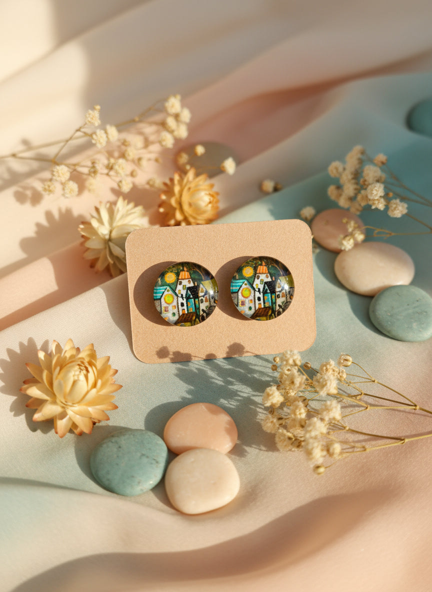 Cabochon Earring with Landscape and Town