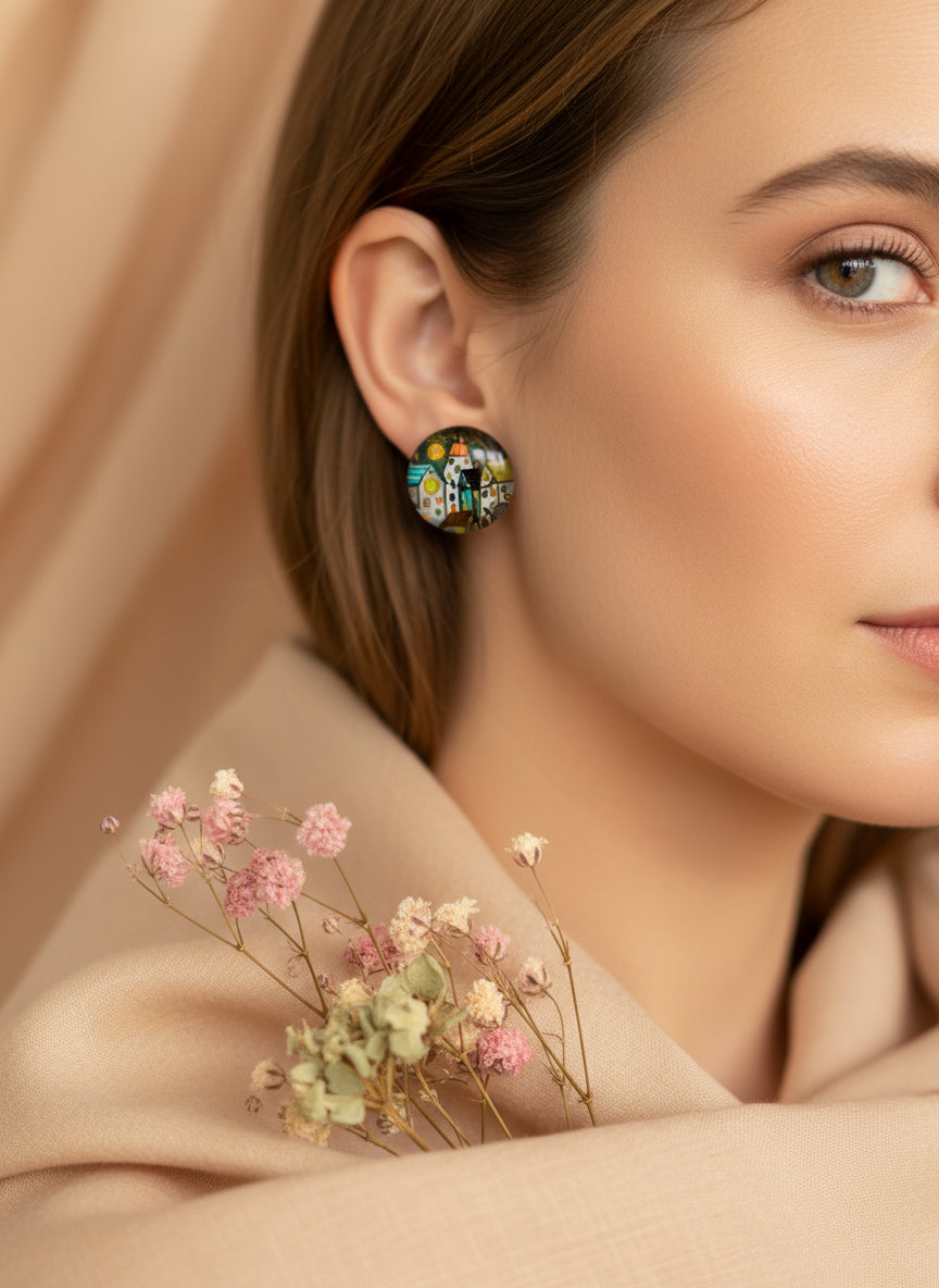 Cabochon Earring with Landscape and Town