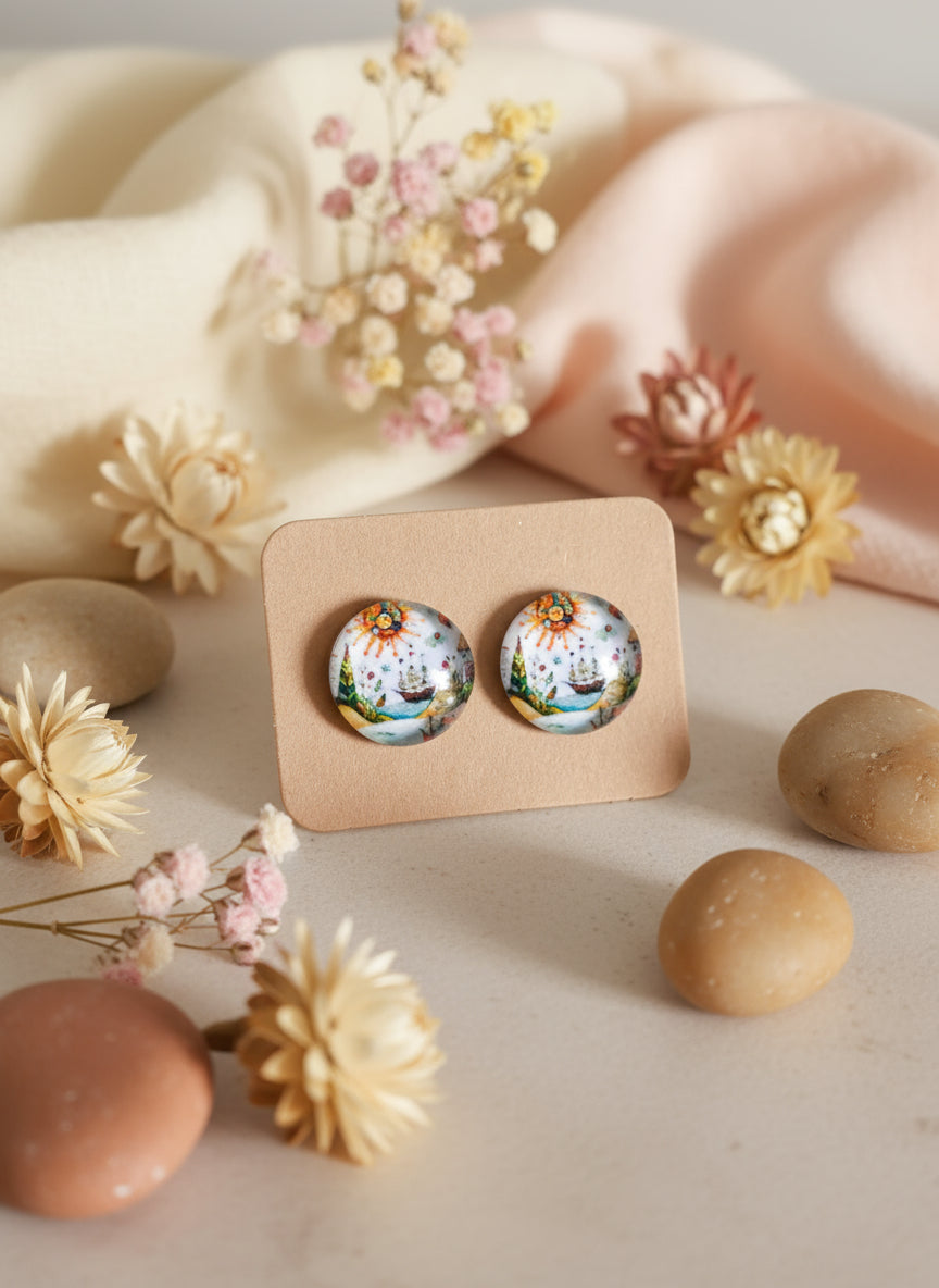 Cabochon Earring with Landscape and Town