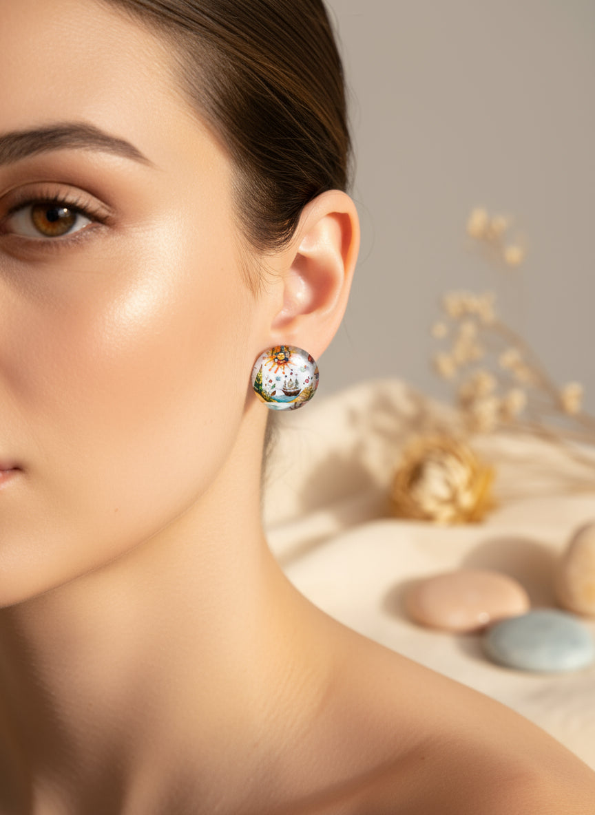 Cabochon Earring with Landscape and Town