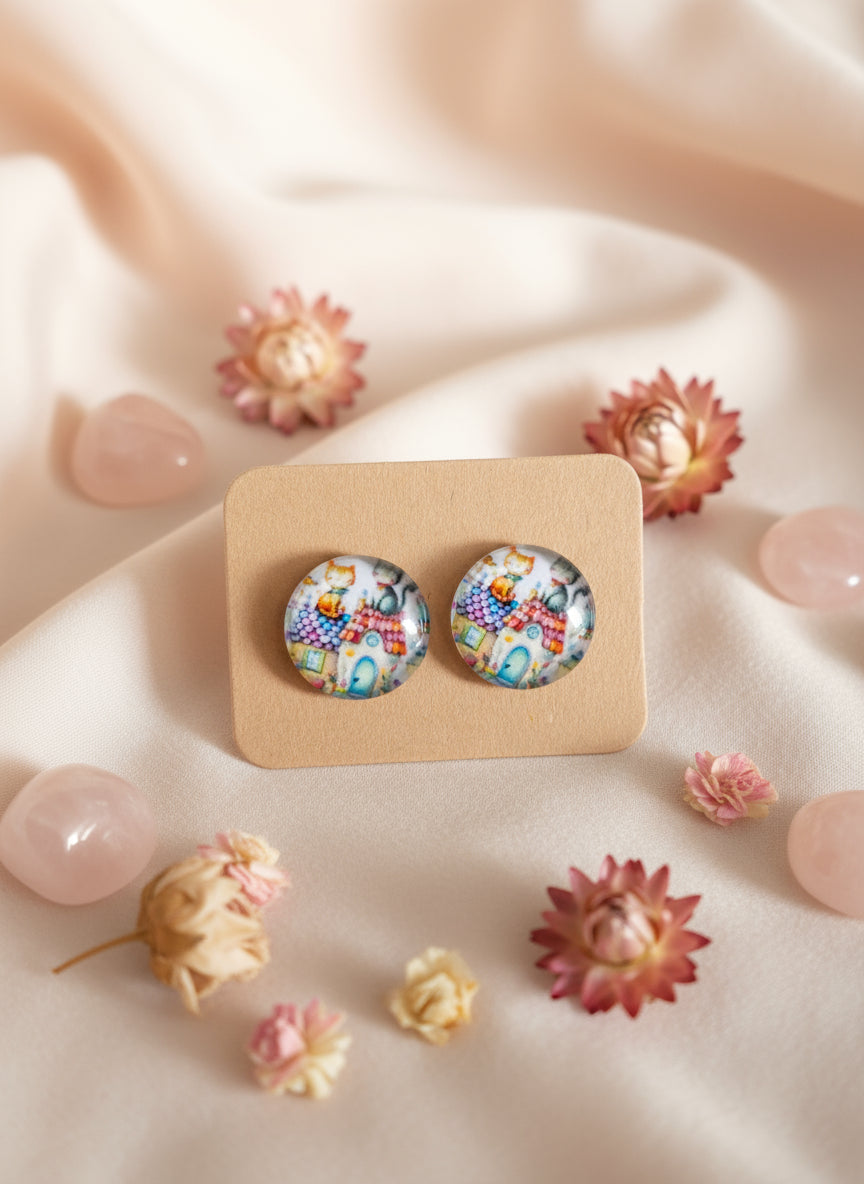 Cabochon Earring with Landscape and Town