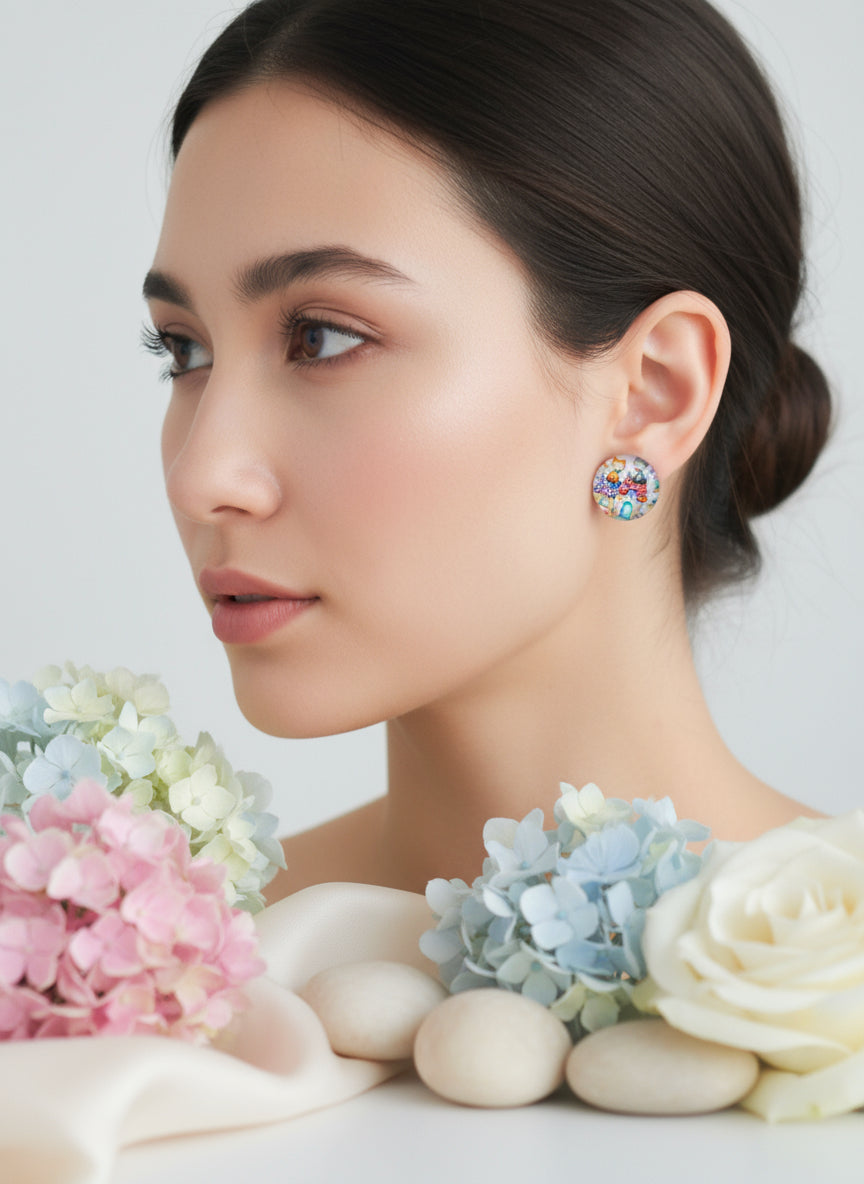 Cabochon Earring with Landscape and Town
