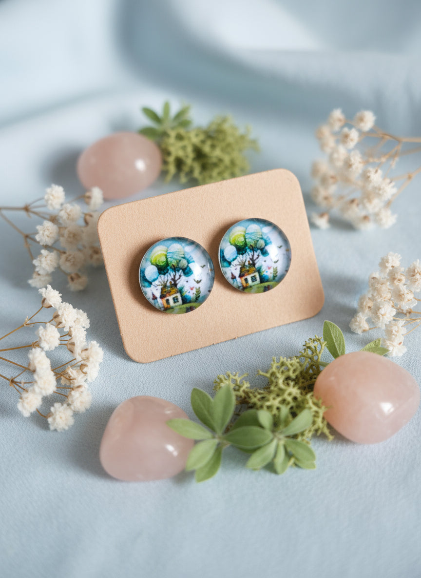 Cabochon Earring with Landscape and Town