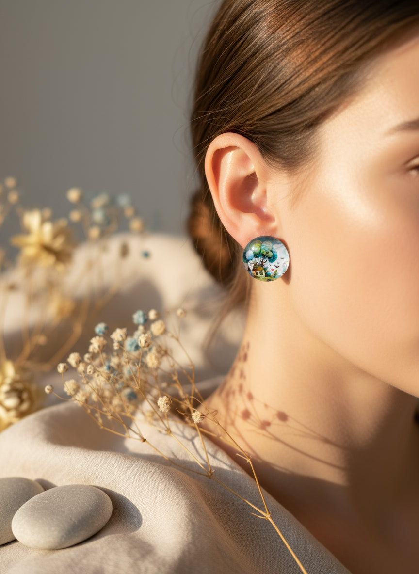 Cabochon Earring with Landscape and Town