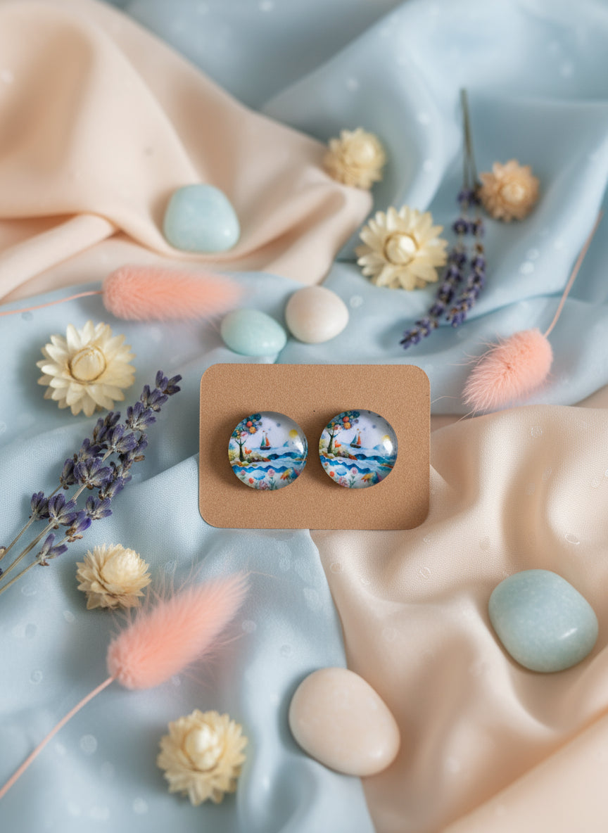 Cabochon Earring with Landscape and Town