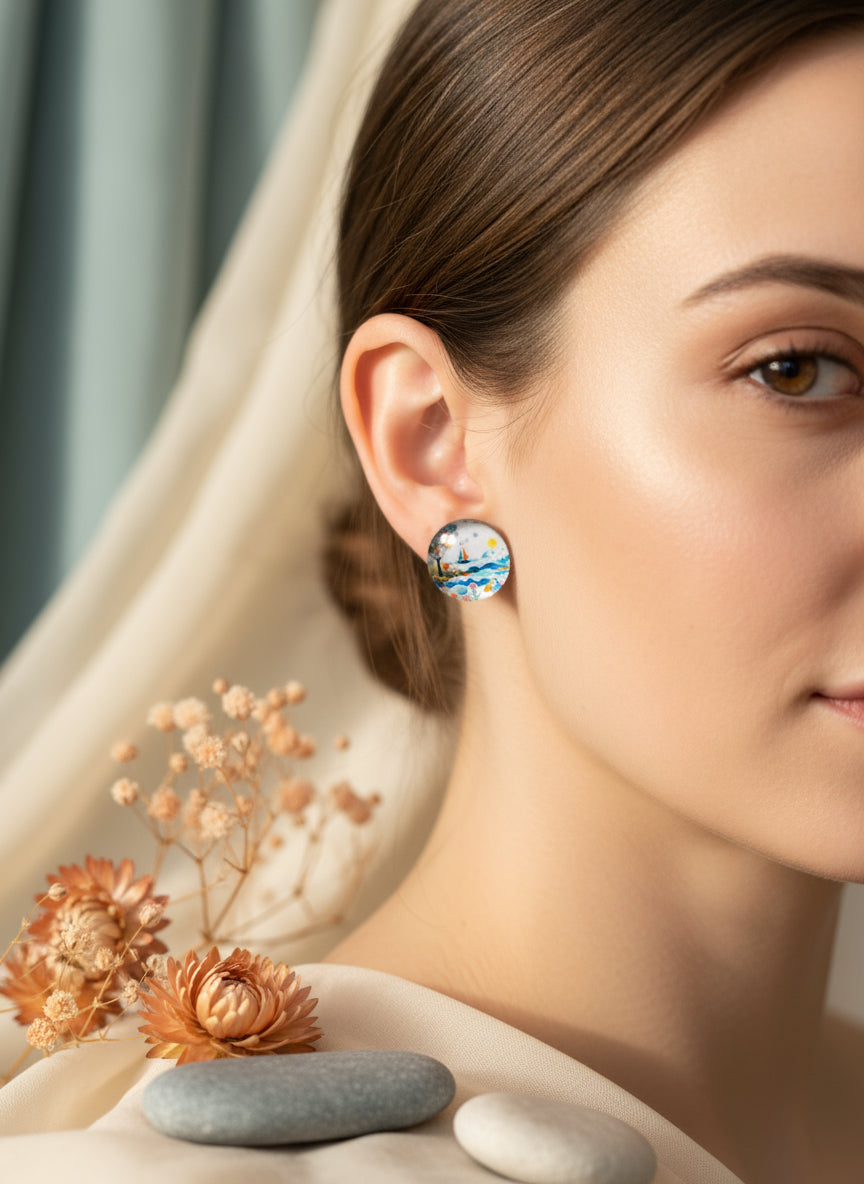 Cabochon Earring with Landscape and Town