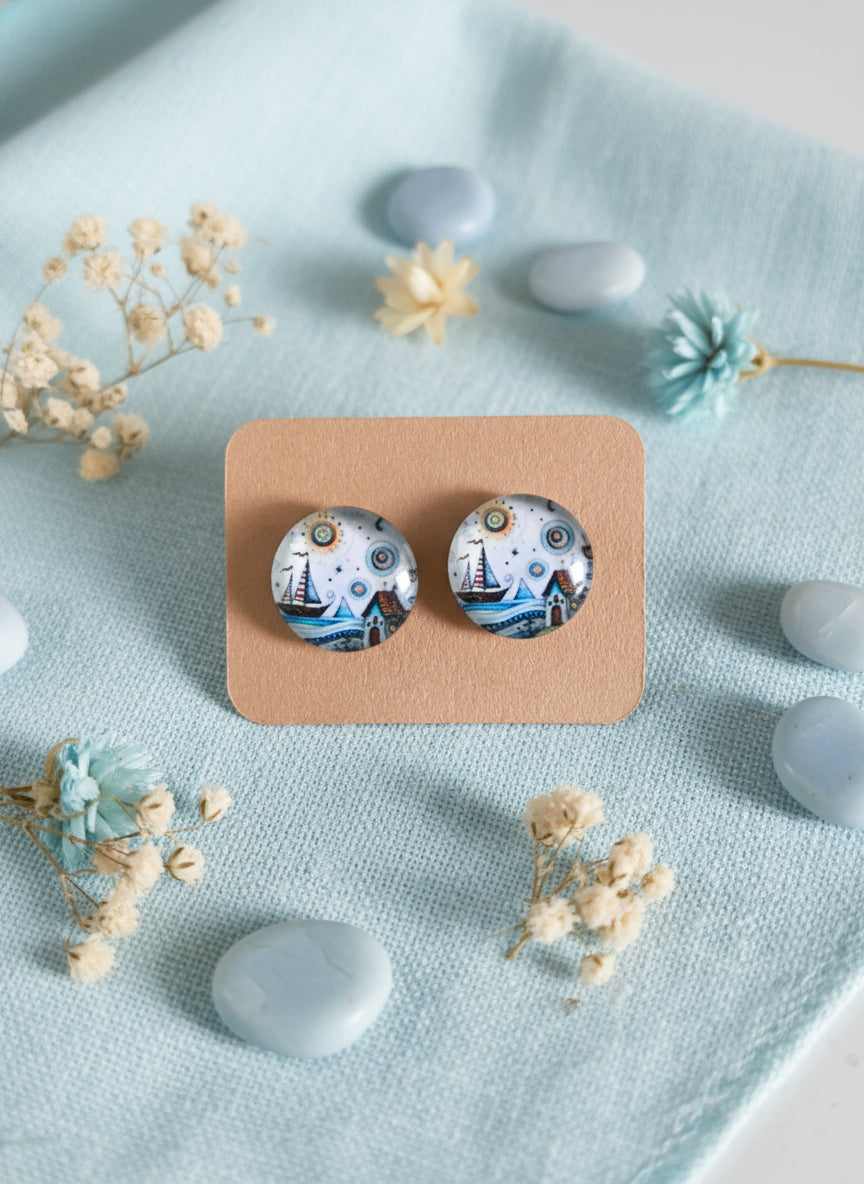 Cabochon Earring with Landscape and Town