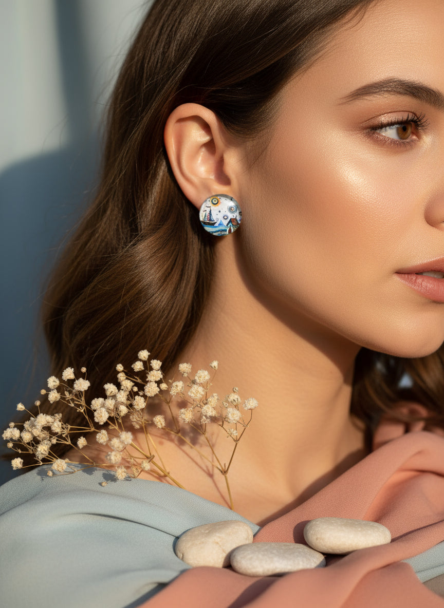 Cabochon Earring with Landscape and Town