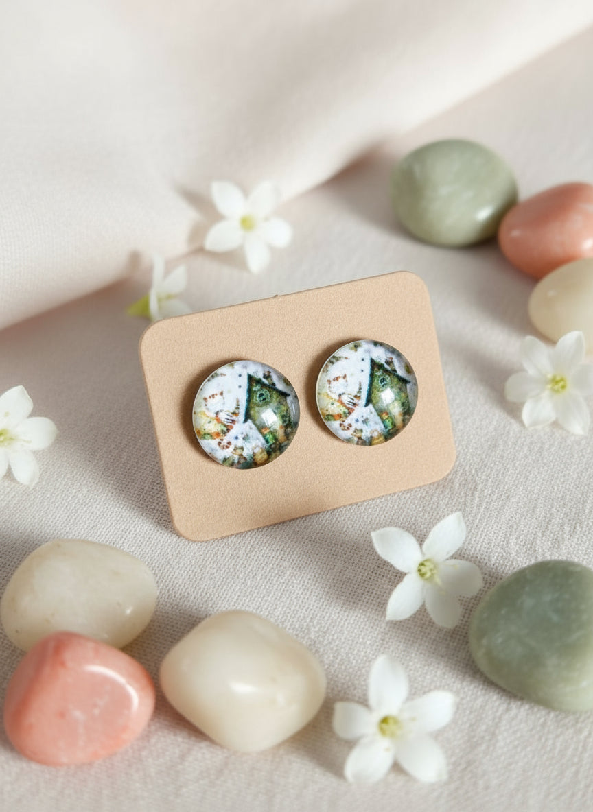 Cabochon Earring with Landscape and Town