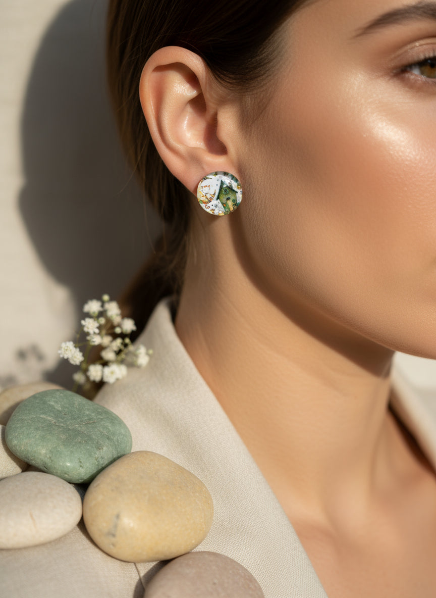Cabochon Earring with Landscape and Town