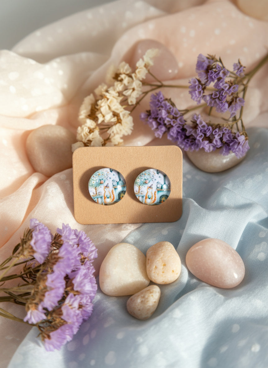 Cabochon Earring with Landscape and Town