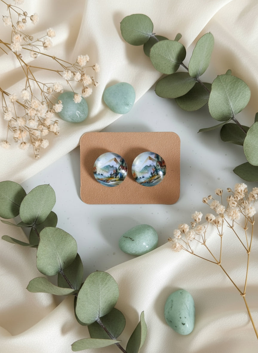 Cabochon Earring with Landscape and Town