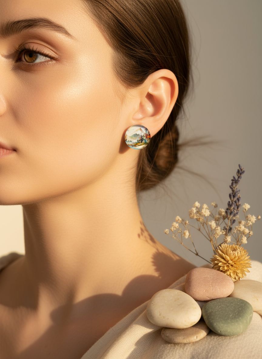 Cabochon Earring with Landscape and Town