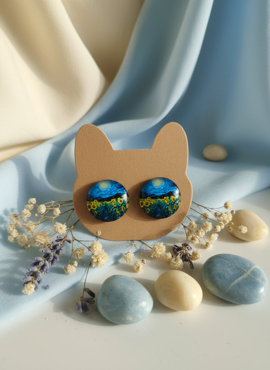 Cabochon Earring with Landscape and Town