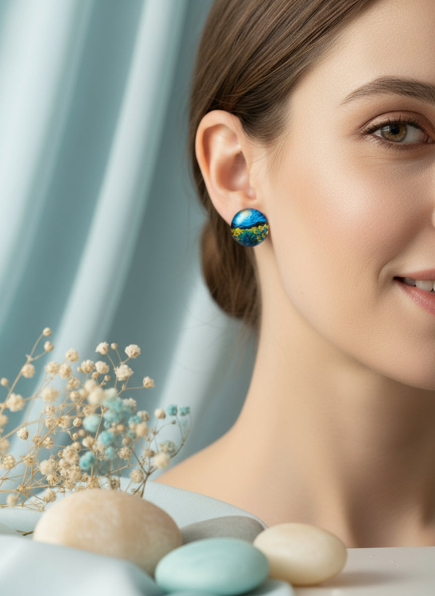 Cabochon Earring with Landscape and Town
