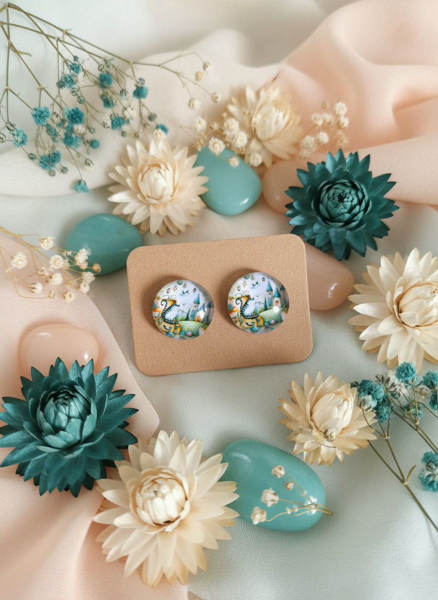 Cabochon Earring with Landscape and Town