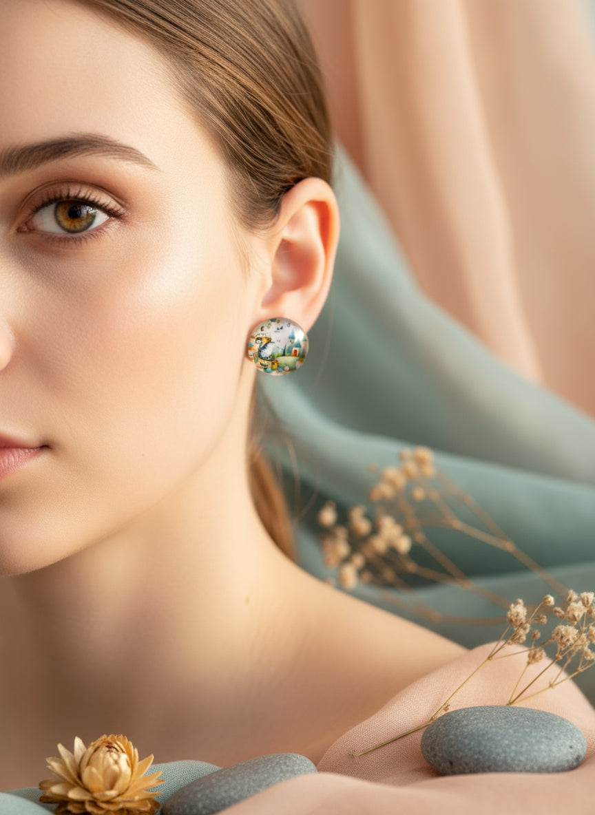 Cabochon Earring with Landscape and Town