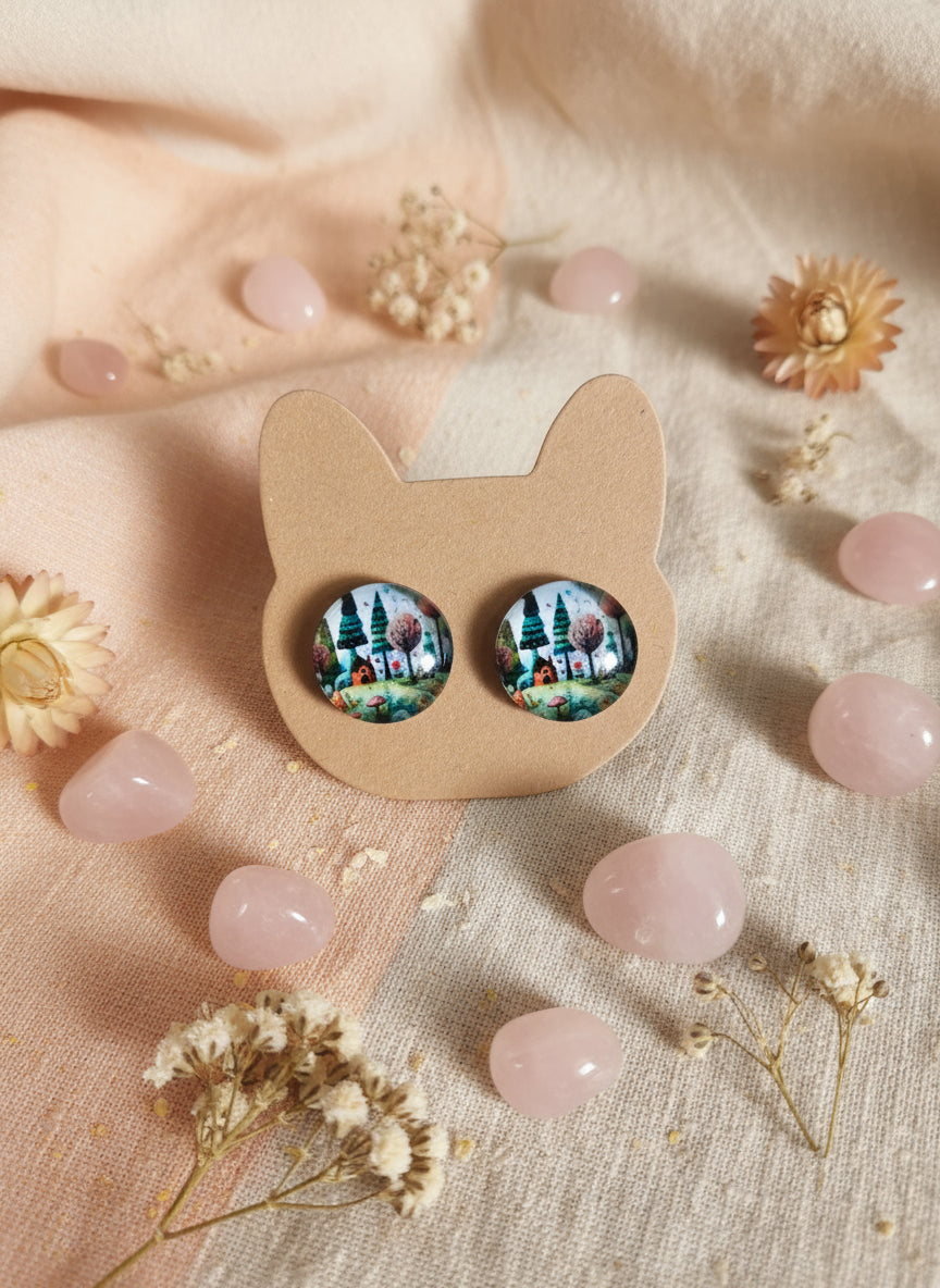 Cabochon Earring with Landscape and Town