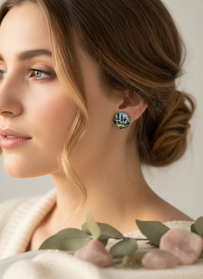 Cabochon Earring with Landscape and Town