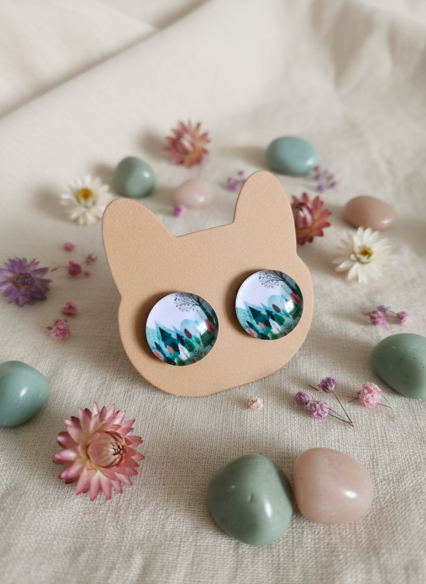 Cabochon Earring with Landscape and Town