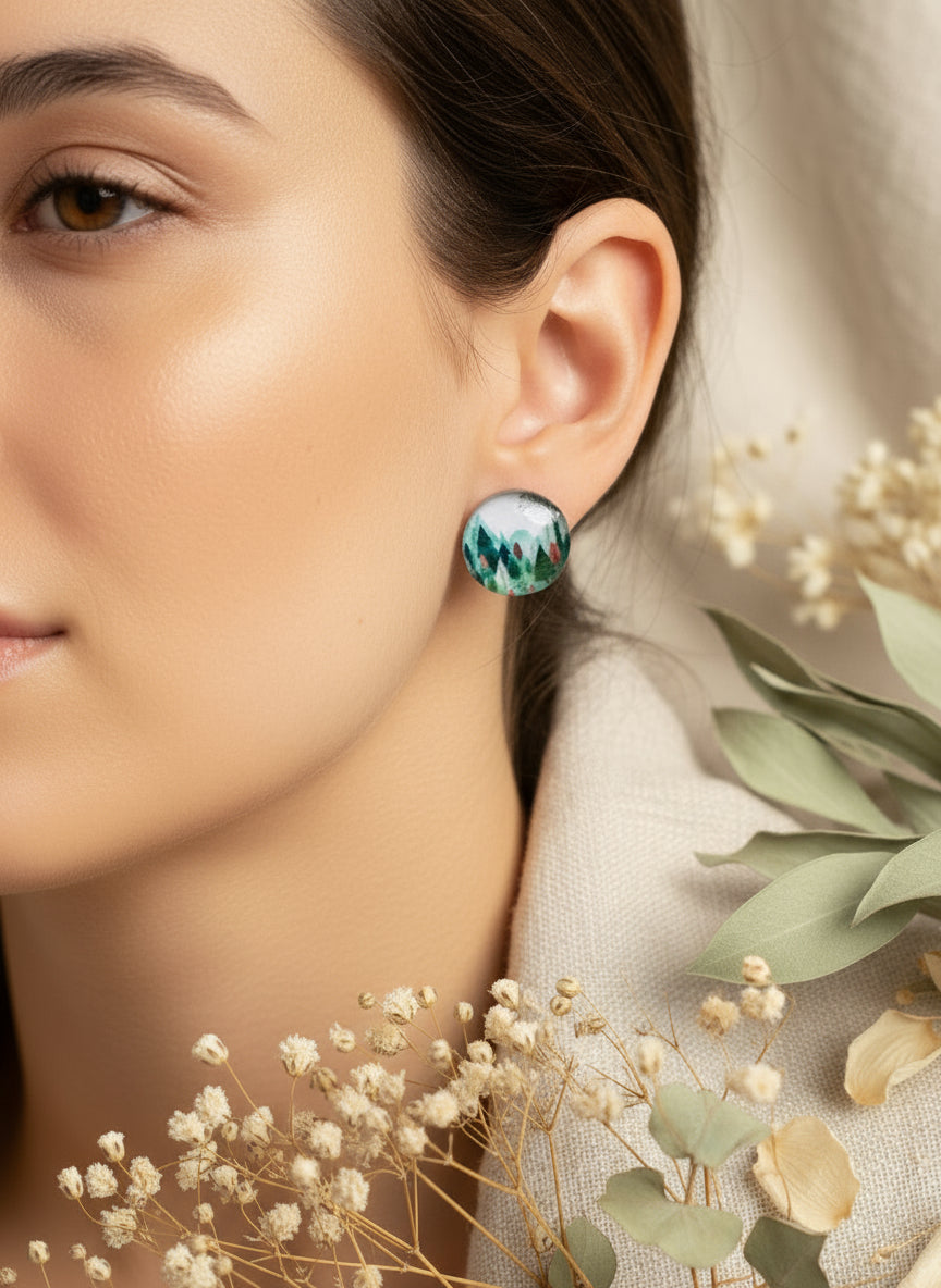 Cabochon Earring with Landscape and Town