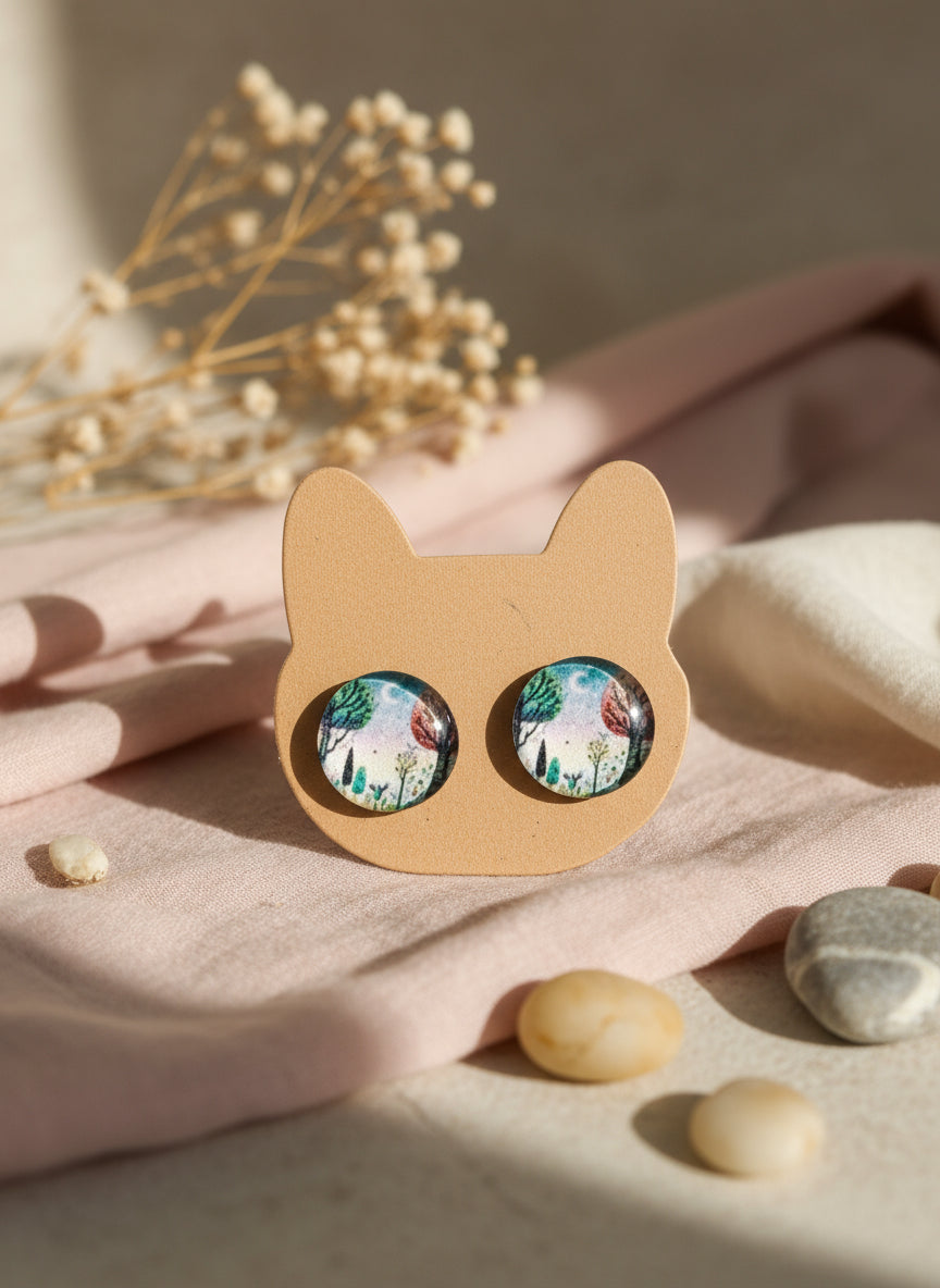 Cabochon Earring with Landscape and Town