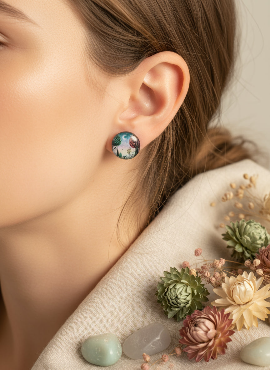 Cabochon Earring with Landscape and Town