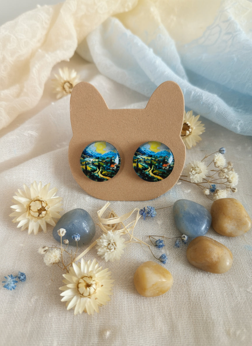 Cabochon Earring with Landscape and Town