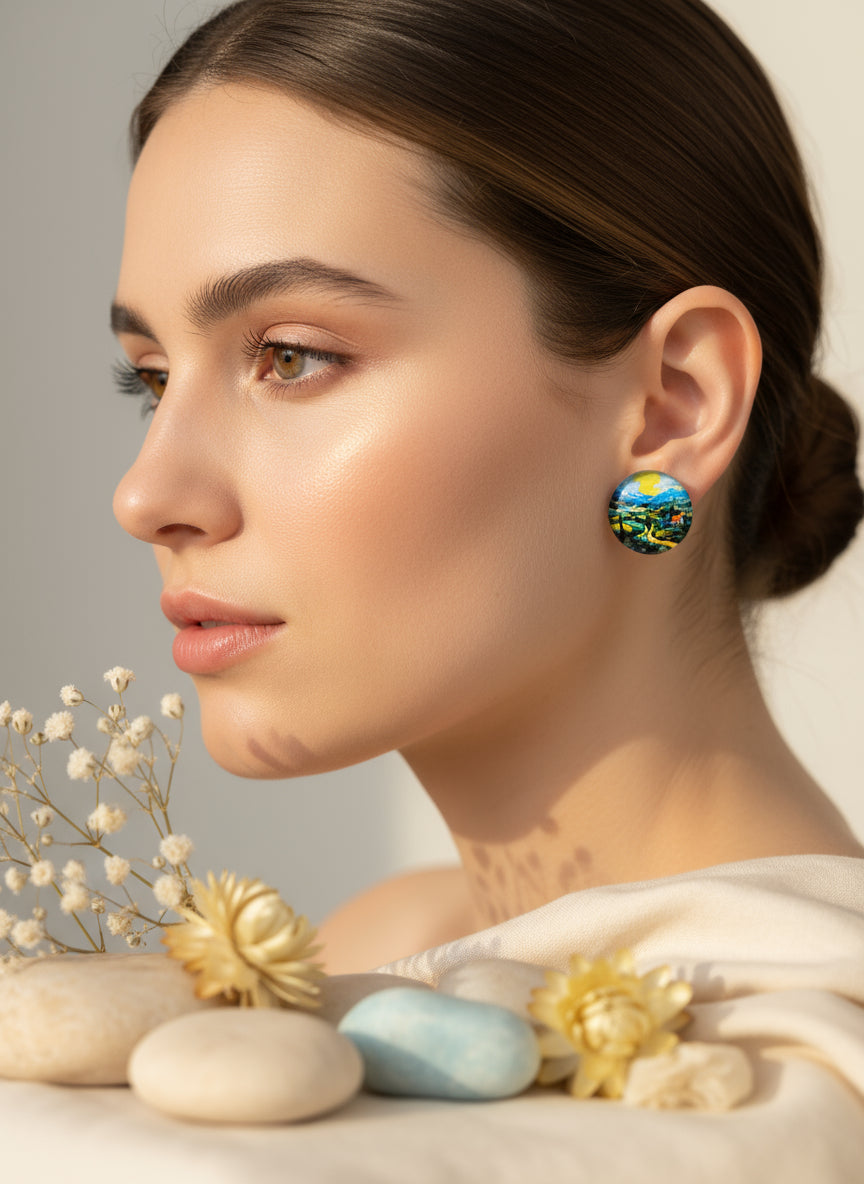 Cabochon Earring with Landscape and Town