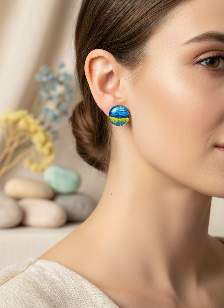 Cabochon Earring with Landscape and Town