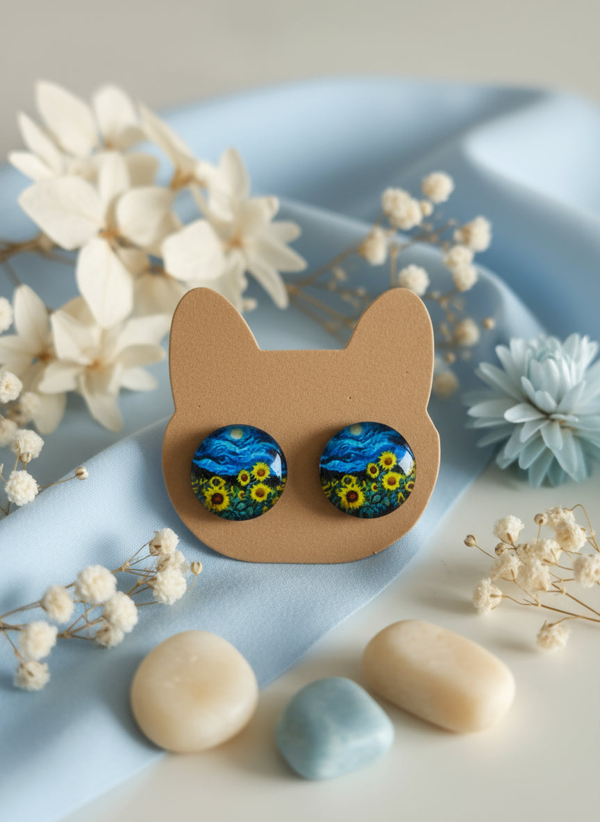 Cabochon Earring with Landscape and Town