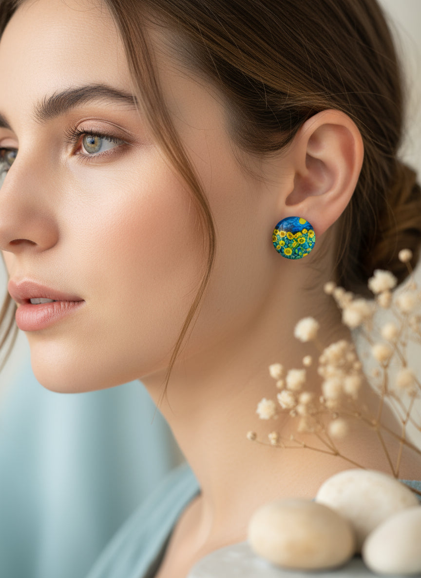 Cabochon Earring with Landscape and Town