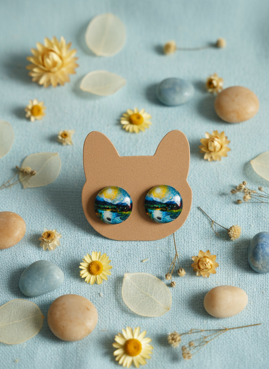 Cabochon Earring with Landscape and Town