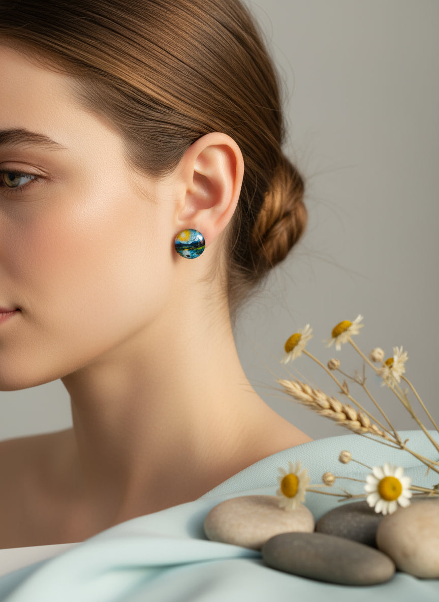 Cabochon Earring with Landscape and Town