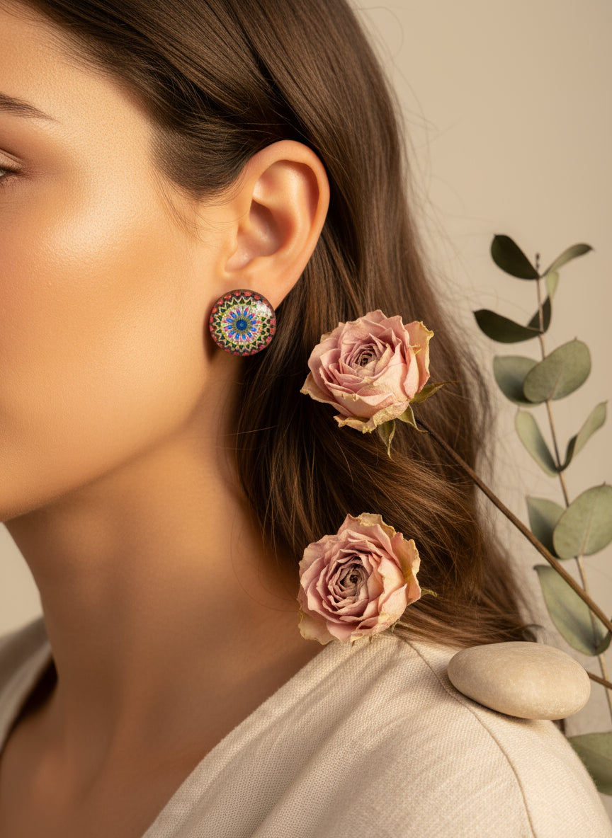 Cabochon Earring with Mandala
