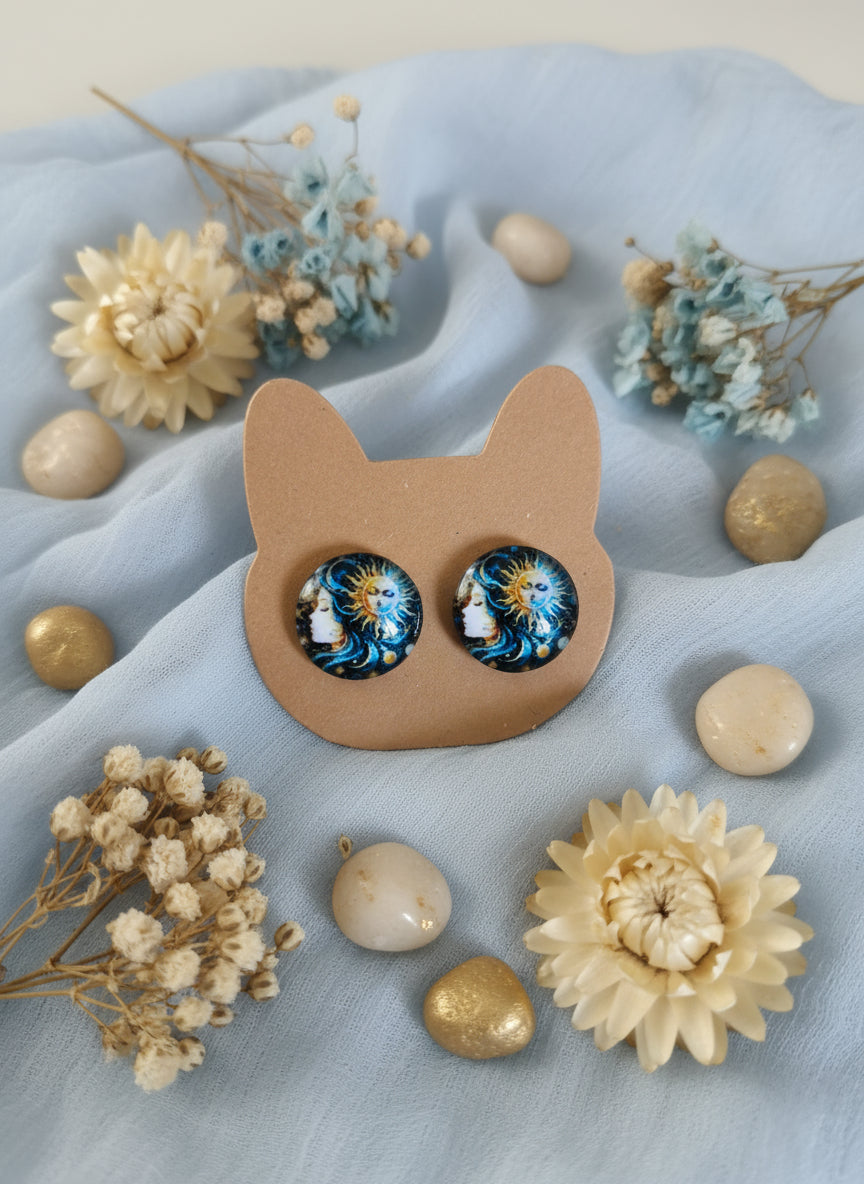 Cabochon Mystical Earring with Sun and Moon