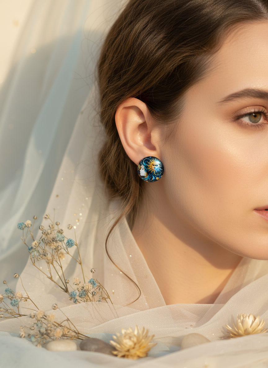 Cabochon Mystical Earring with Sun and Moon