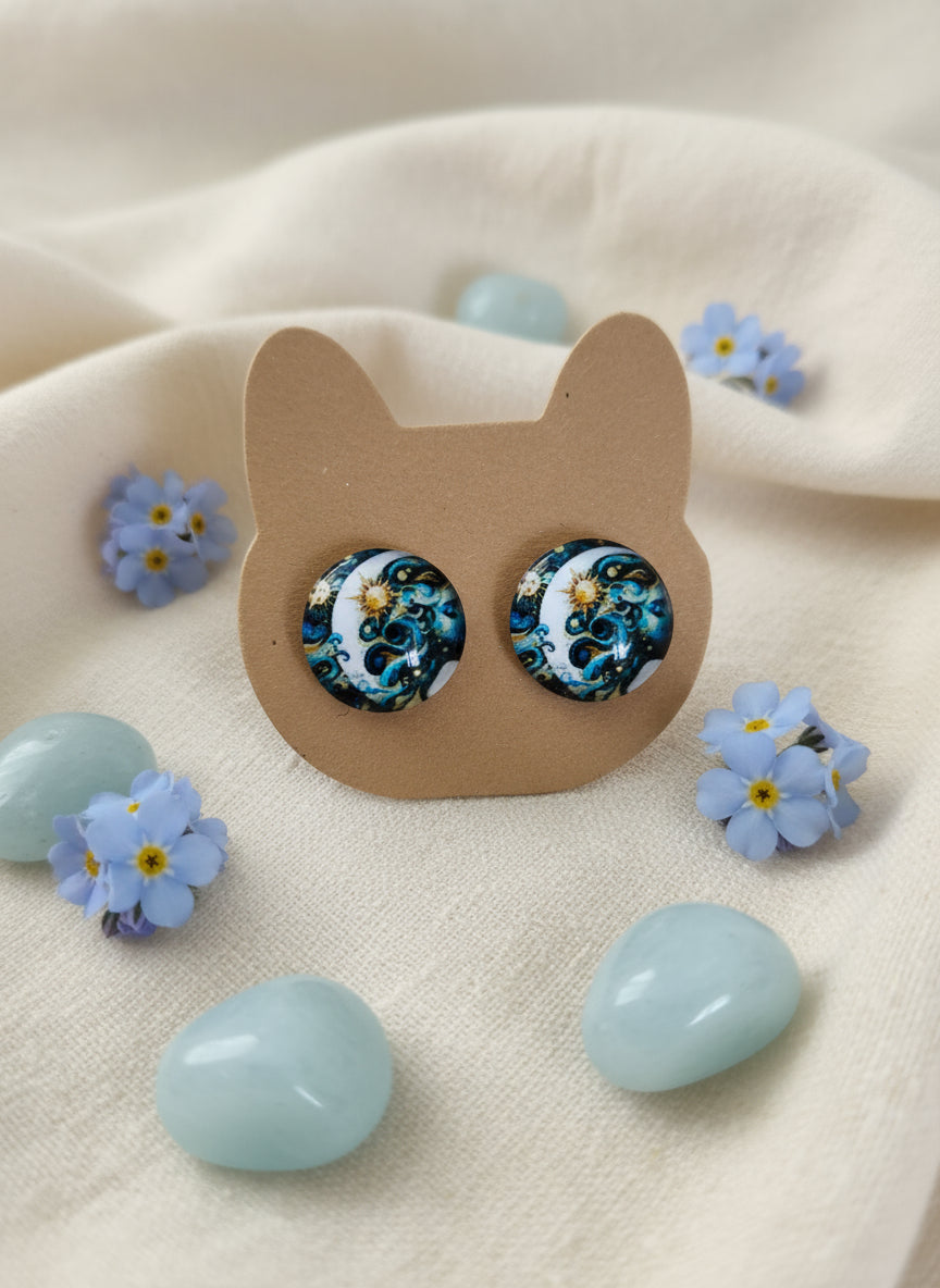 Cabochon Mystical Earring with Sun and Moon