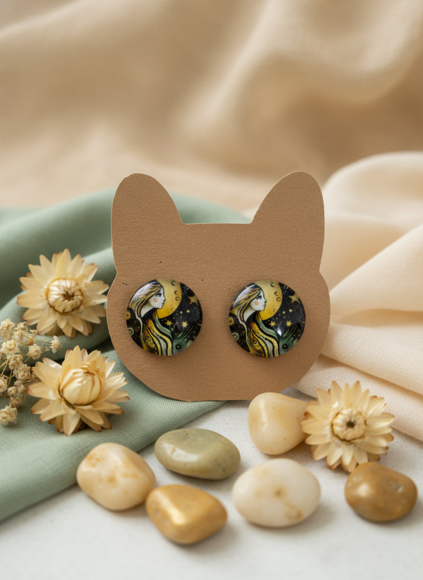 Cabochon Mystical Earring with Sun and Moon