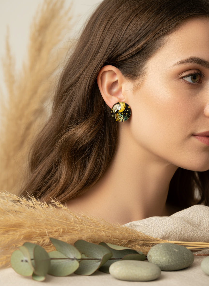 Cabochon Mystical Earring with Sun and Moon