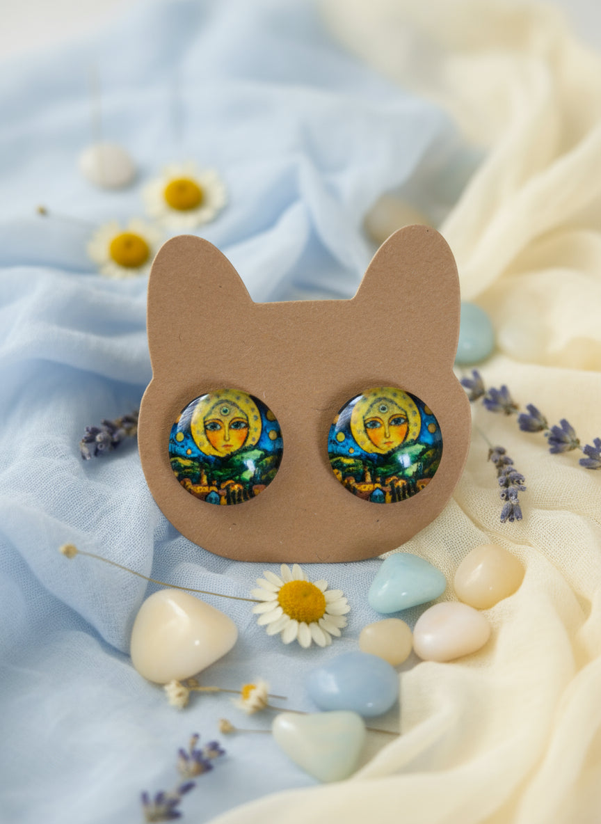Cabochon Mystical Earring with Sun and Moon