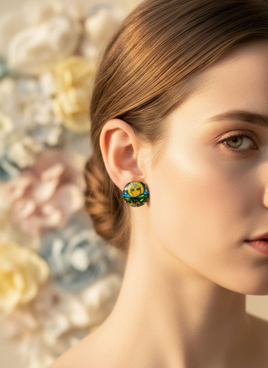 Cabochon Mystical Earring with Sun and Moon